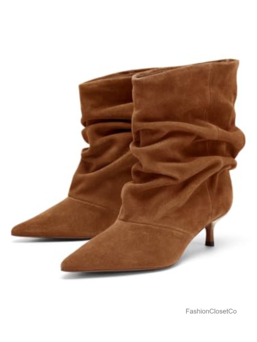 Faux Suede Slouchy Ankle Boots Kitten Heel Pointed Toe Pull On Booties